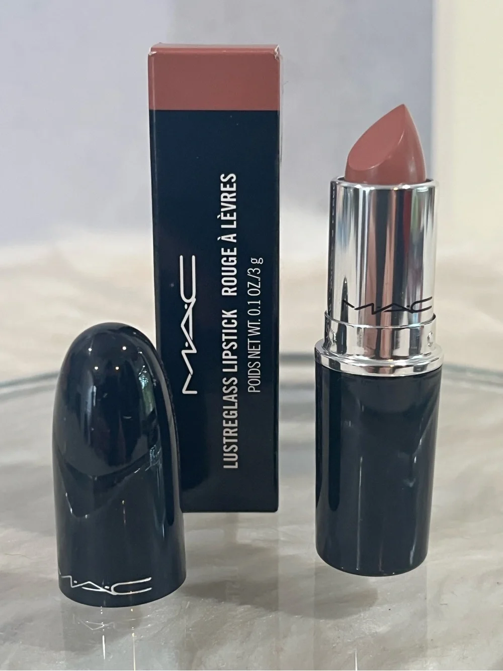 NEW MAC Cosmetics Lustreglass Sheer Shine Lipstick Hug Me 508 Blushed Nude